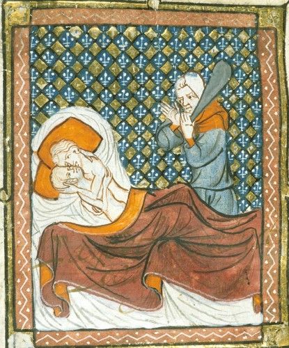 A medieval illustration of a pale couple embracing in a bed under brown covers, as a sinister looking figure looms over them, holding a tapered stick that might be a cudgel or shillelagh.